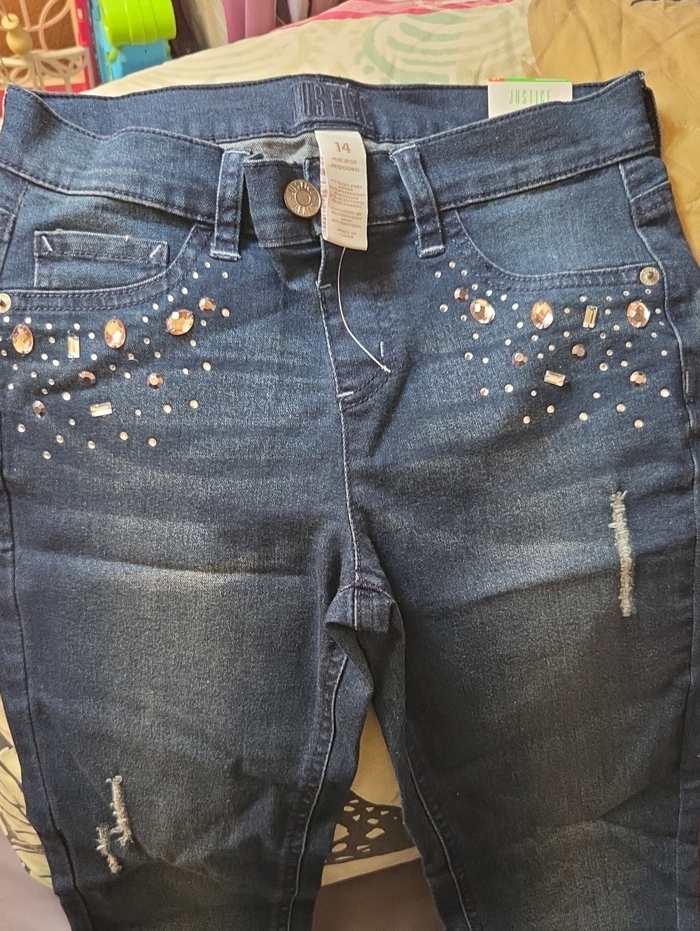 Justice Dark Blue Embellished Jeans with Pink Gems Size 14